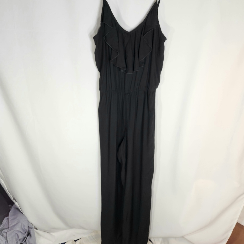 A. BYER Black Spaghetti Strap Ruffle Front Jump Suit Size Medium